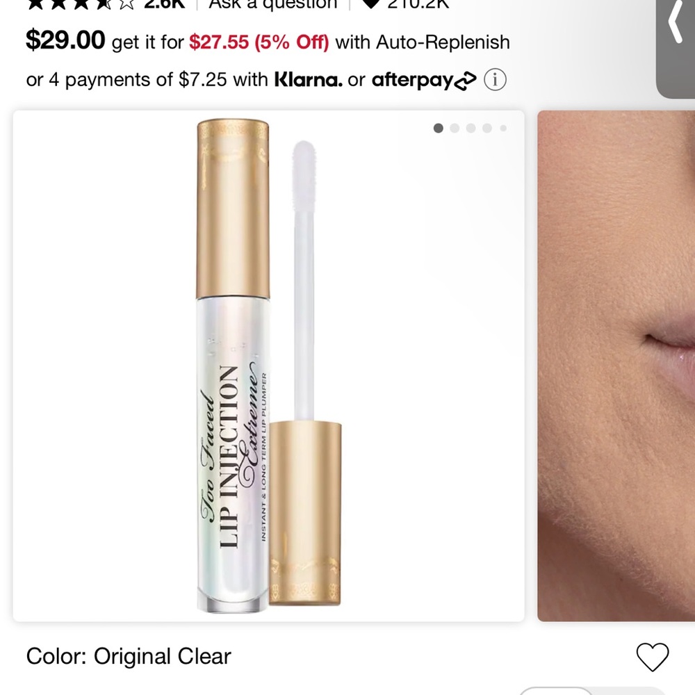 Brand New Too Faced Lip Injection Extreme Lip Gloss in shade “Original Clear”